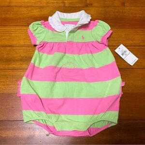 NWT Ralph Lauren Ruffle Bottom Pink & Green Striped Collared Bubble Romper